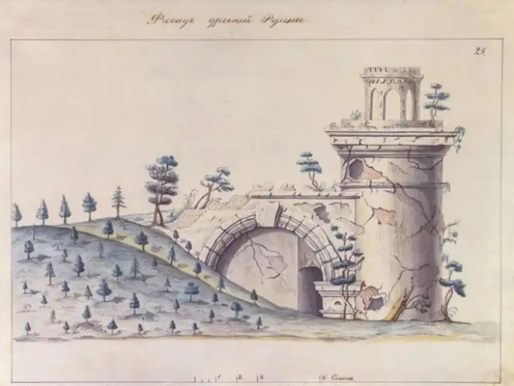 Фасад древней руины, копия с чертежа придворного архитектора И. Неелова (1779 год), неизвестный художник