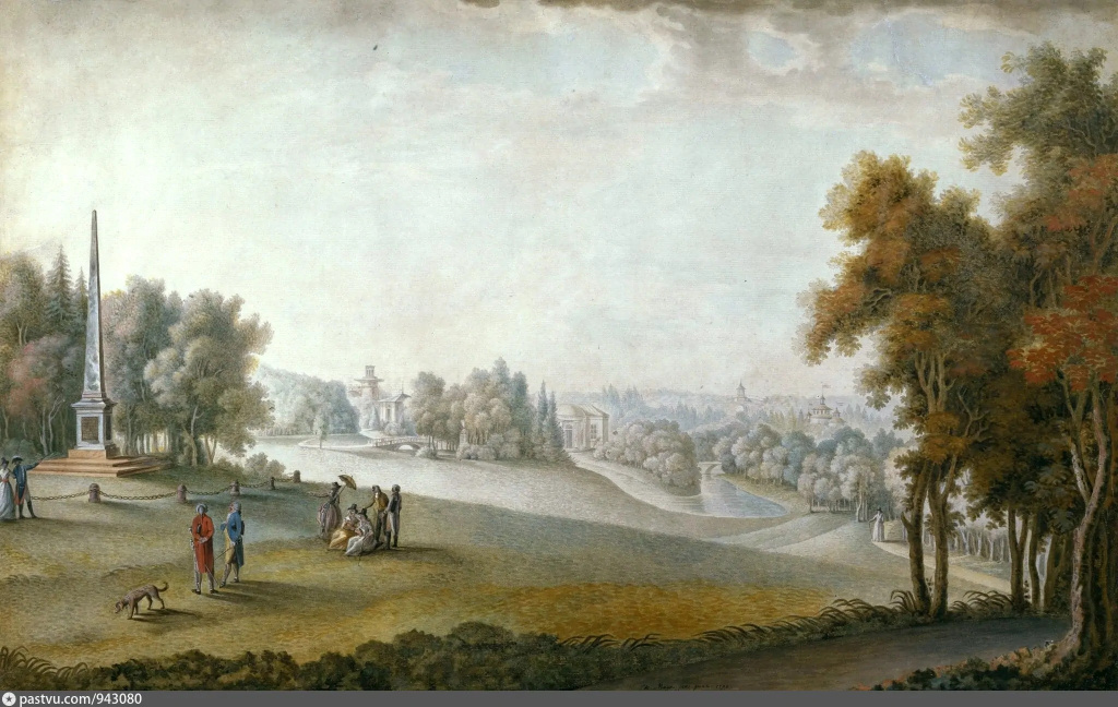 Вид парка в Царском Селе (с Кагульским обелиском) Мейер. 1790 год